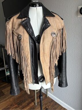 Two-Tone Fringe Leather Jacket - Black & Tan